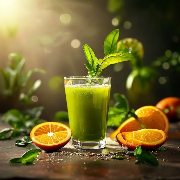 green juice with orange - delicious homemade recipe photo